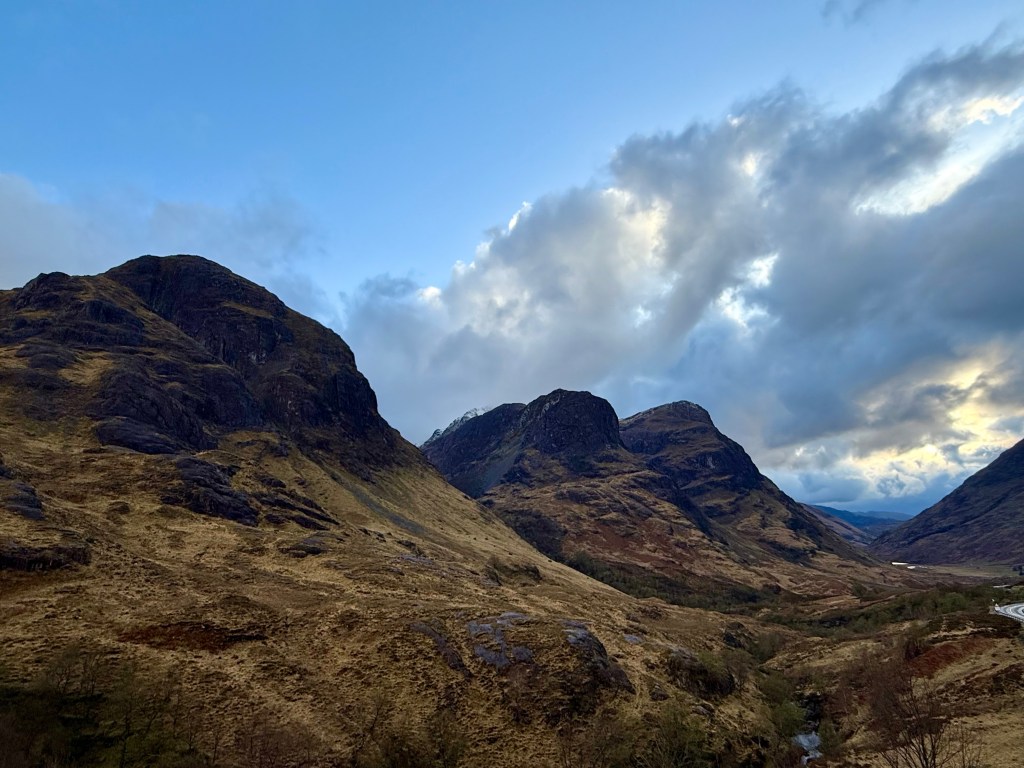 The Three Sisters of Glencoe under winter light, Scottish Highlands